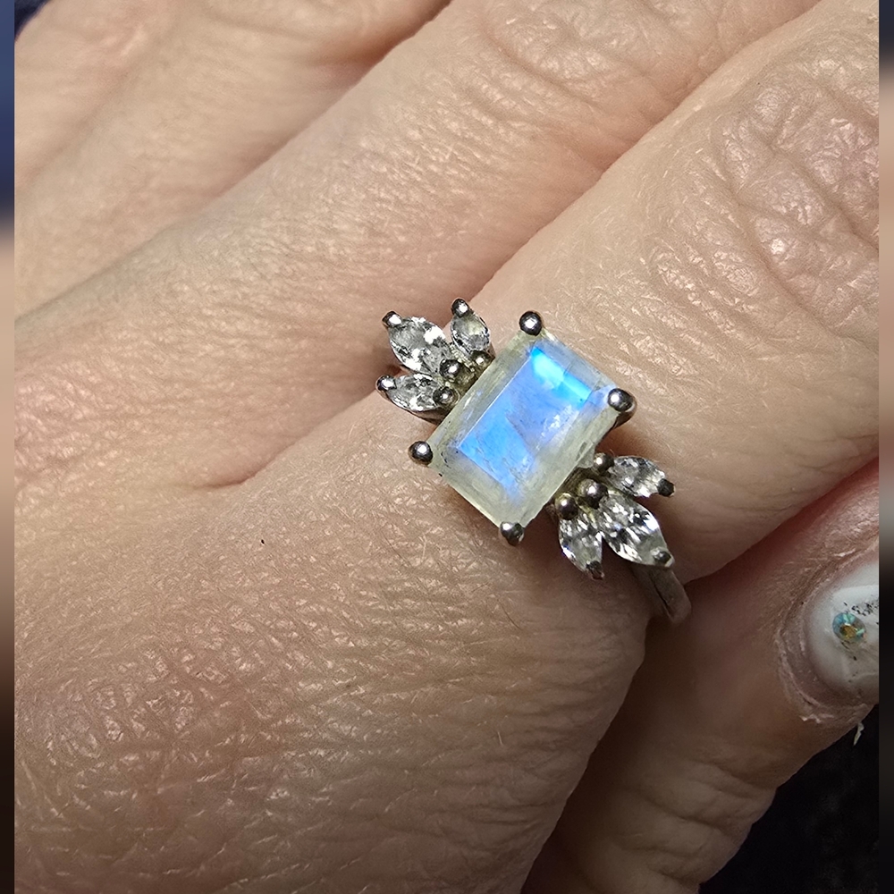 Radiant Rainbow Moonstone Sterling Silver Ring with Crystal Accents